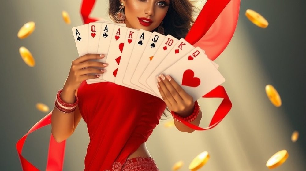 Woman in a red saree holding playing cards