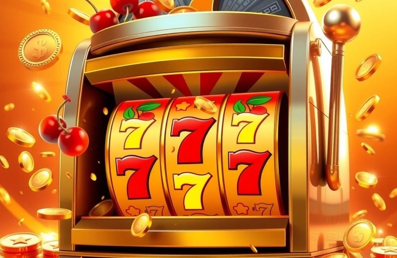 Golden slot machine bursting with coins