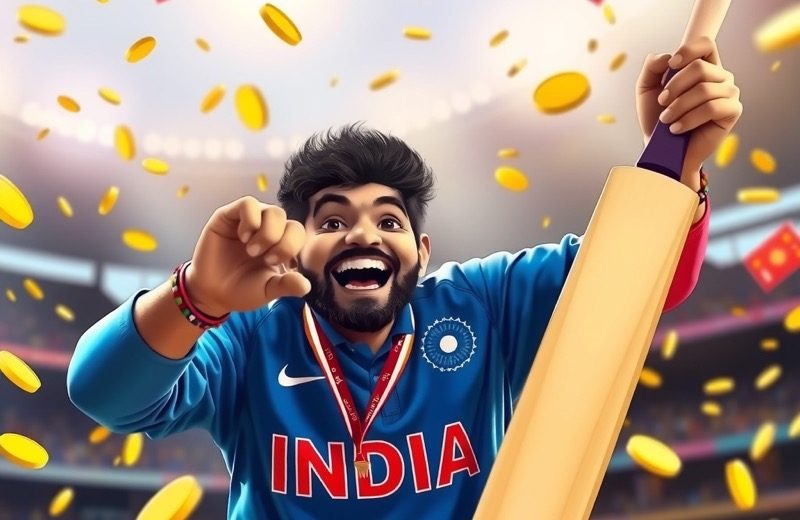 Cricket fan celebrating with gold coins