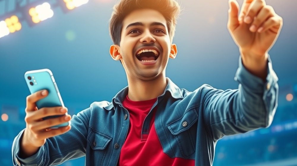 Young man cheering with his phone