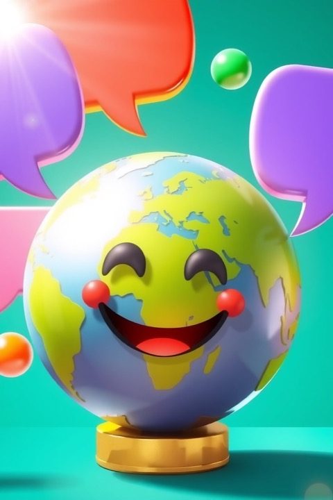 Smiling globe with speech bubbles