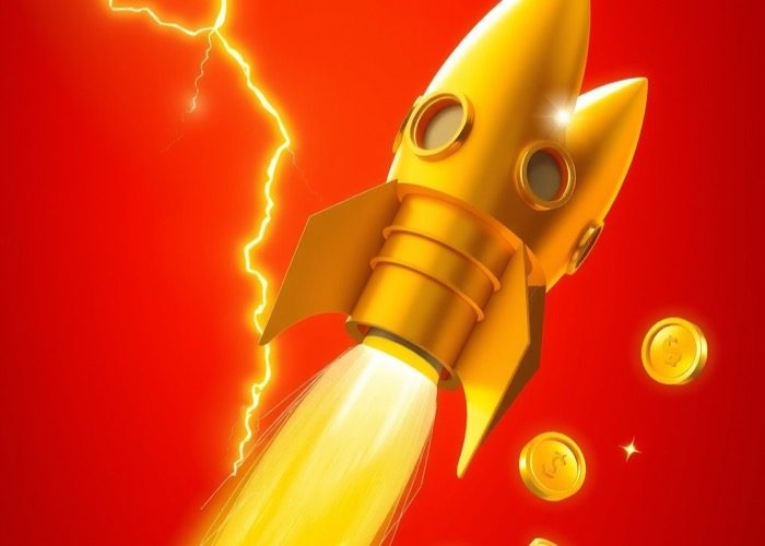 Golden rocket and lightning on red