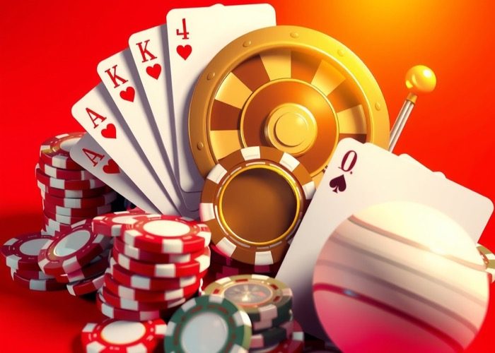 Chips, cards and cricket ball on red
