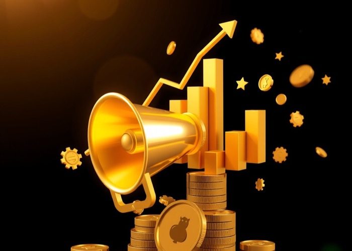 Golden megaphone and chart on black