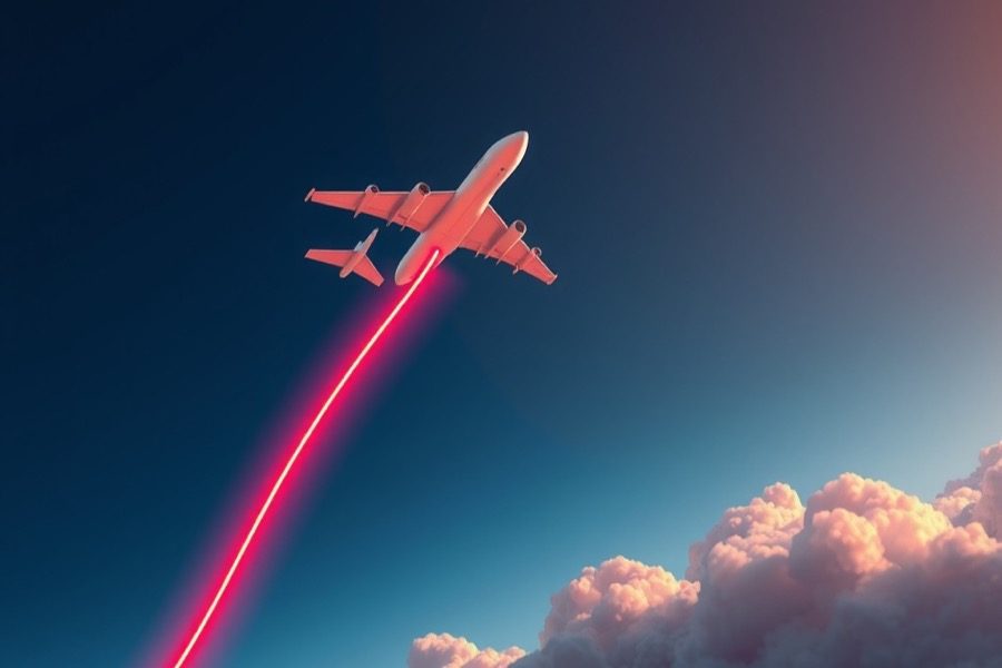 Plane flying up a glowing graph line