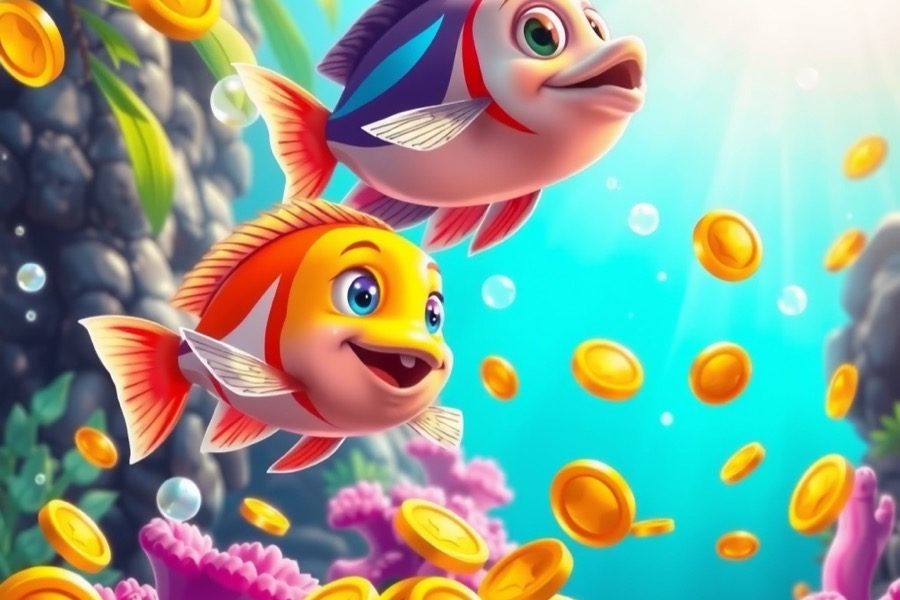 Cartoon fish and gold coins underwater