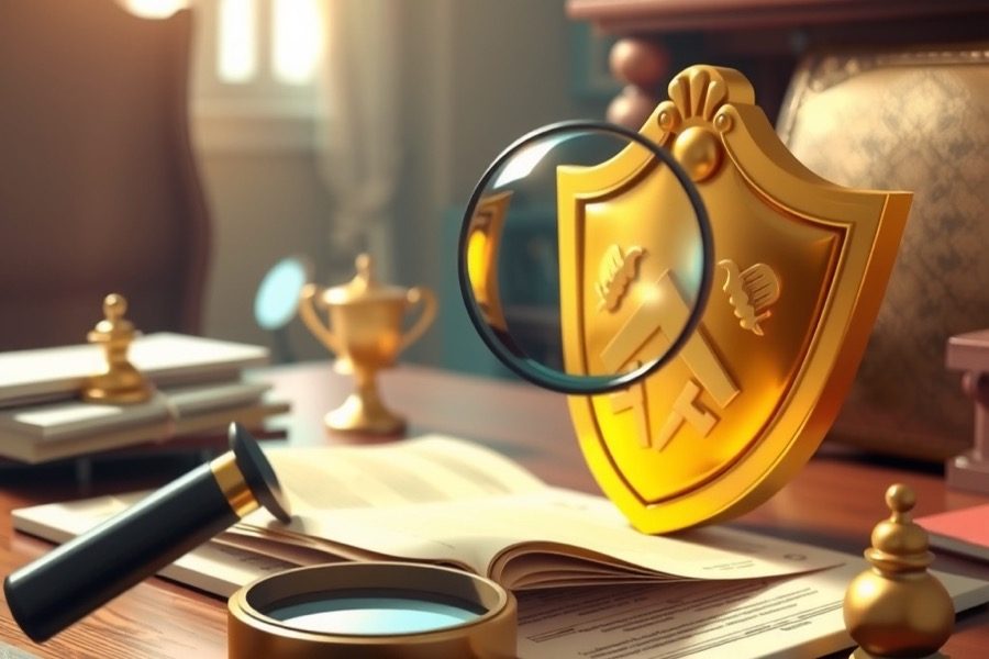Magnifying glass over a golden shield