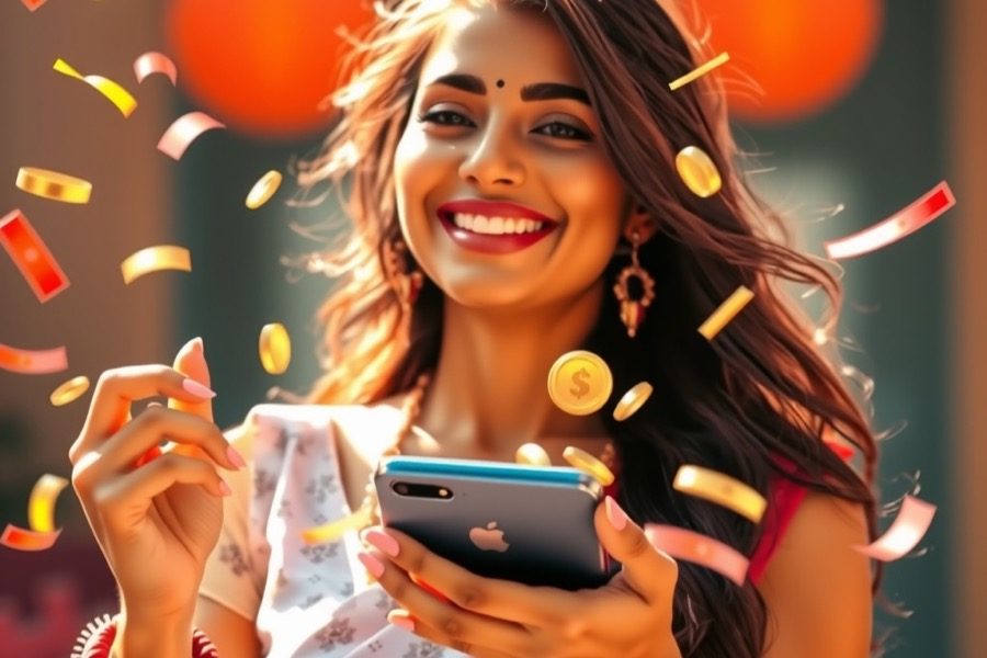 Happy woman with her phone and confetti